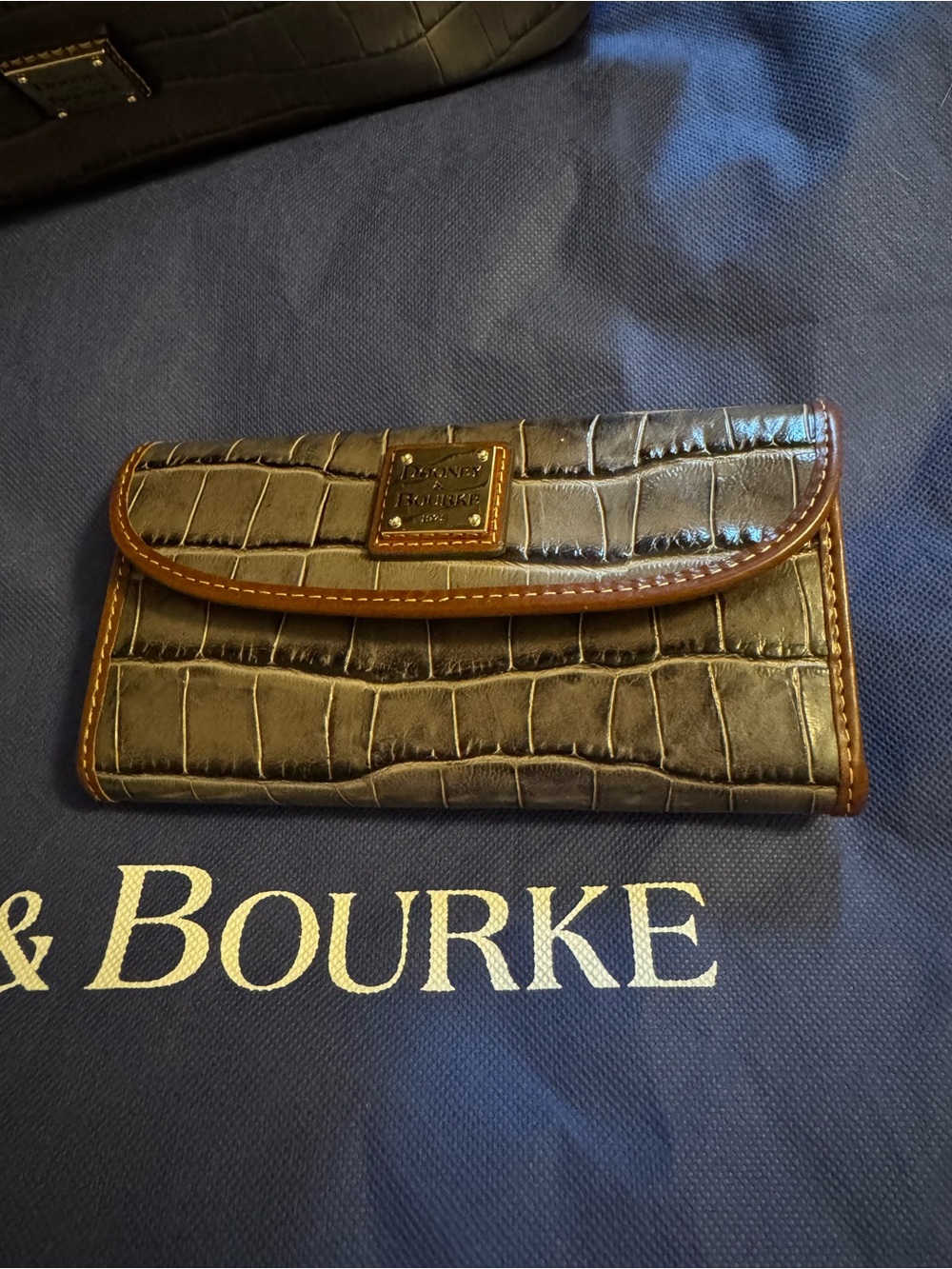Dooney & Bourke Black Croc-Embossed Leather Wallet with Brown Trim